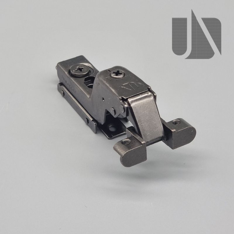 Unihopper black 105° inset hinge on inline plate with adjustable soft-close