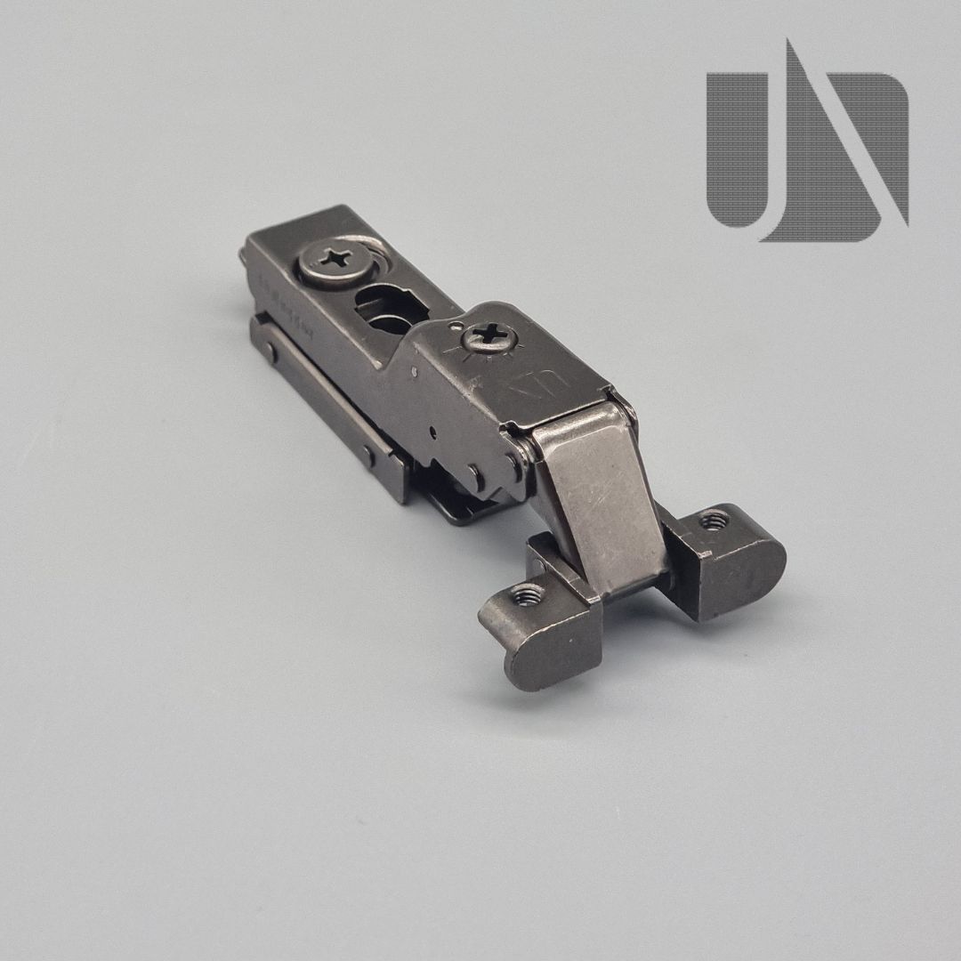 Unihopper black 105° half overlay hinge on inline plate with adjustable soft-close back