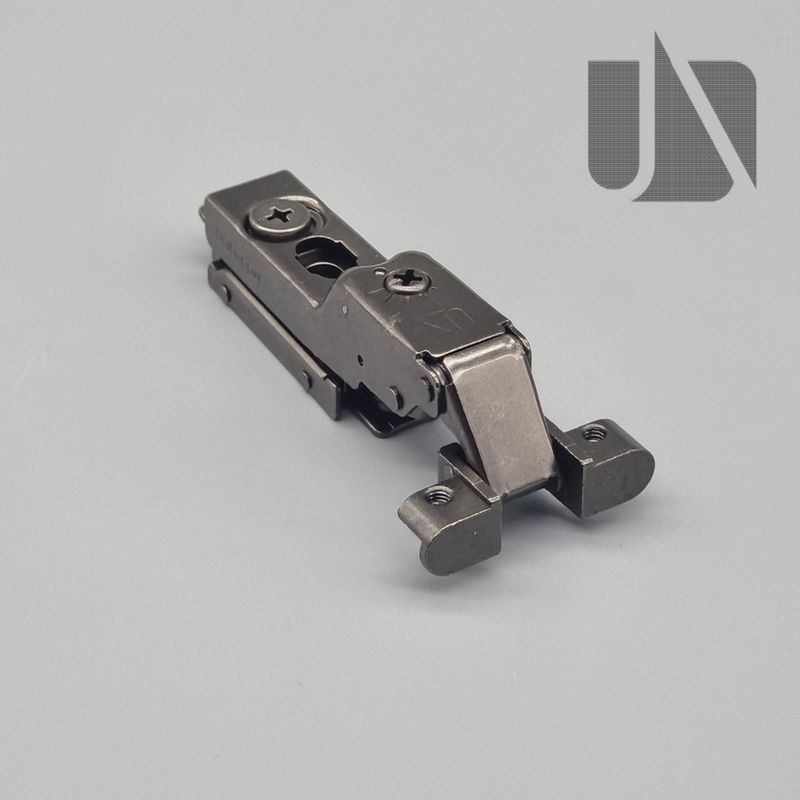 Unihopper black 105° half overlay hinge on inline plate with adjustable soft-close back