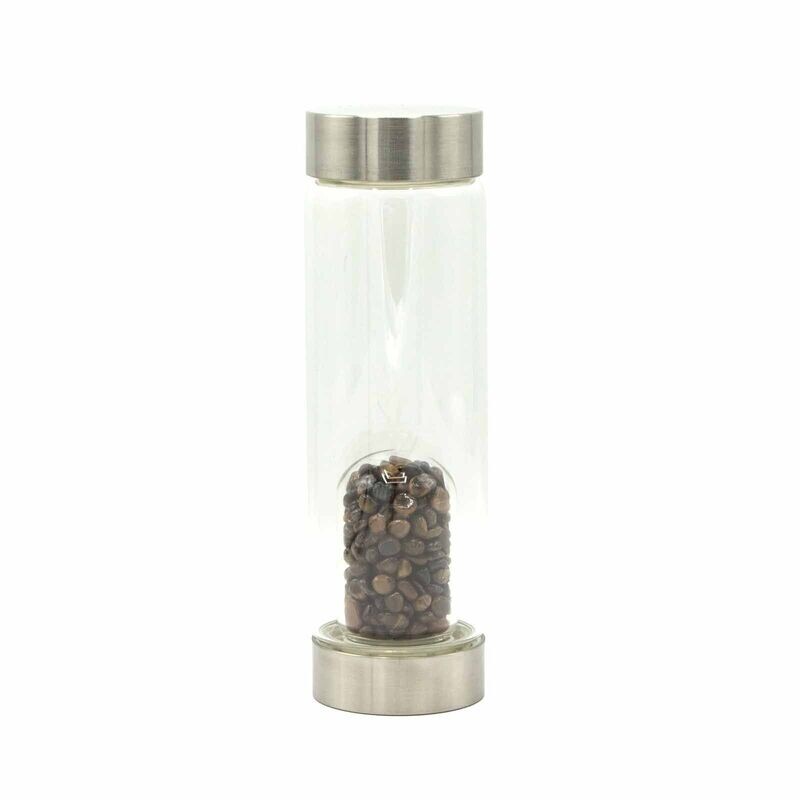 (Crystal Infused Glass Water Bottle - Determined Tiger's Eye - Chips