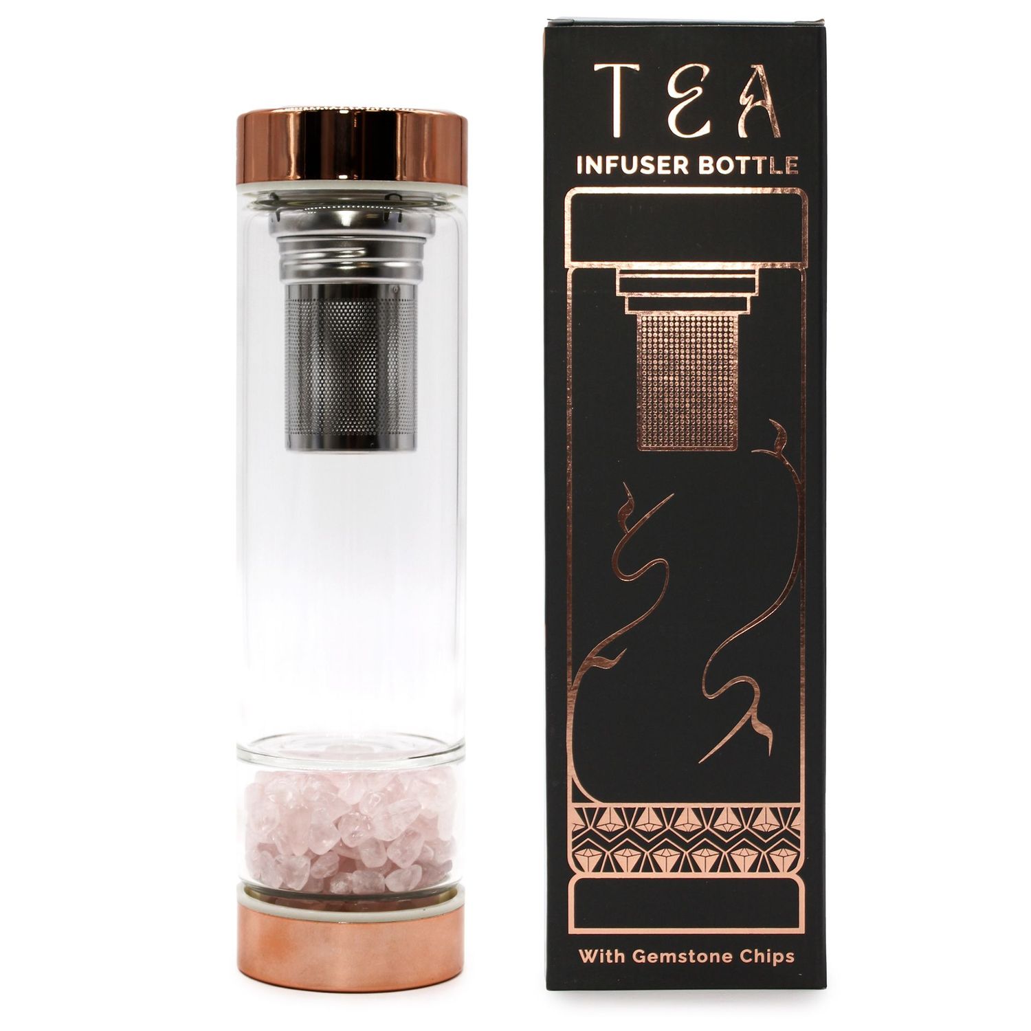 Crystal Glass Tea Infuser Bottle - Rose Gold - Rose Quartz Crystal Glass Tea Infuser Bottle - Rose Gold - Rose Quartz