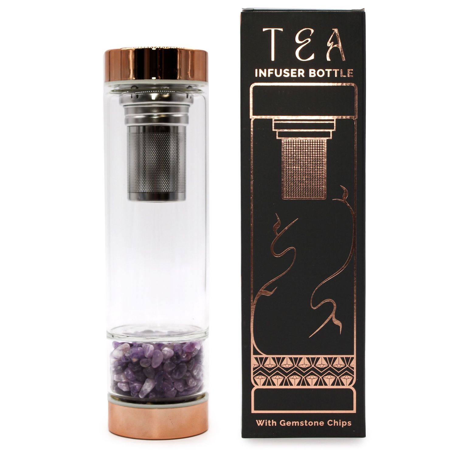 Crystal Glass Tea Infuser Bottle - Rose Gold - Amethyst Crystal Glass Tea Infuser Bottle - Rose Gold - Amethyst