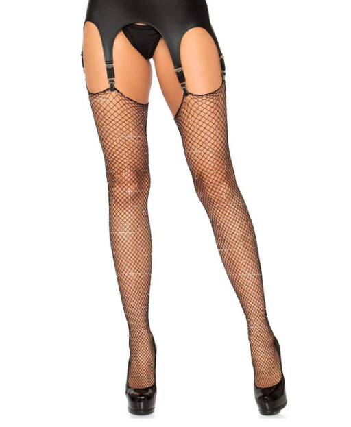 Brielle Rhinestone Fishnet Stockings - Black