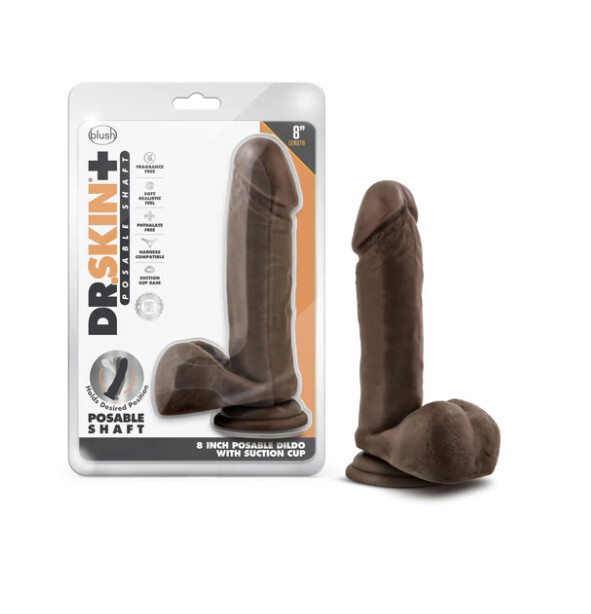 Dr. Skin Plus Posable Dildo with Balls 8&quot;, Color: Chocolate