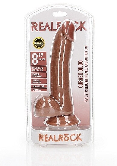 RealRock Curved 8&quot; Realistic Dildo with Balls and Suction Cup, Color: Caramel