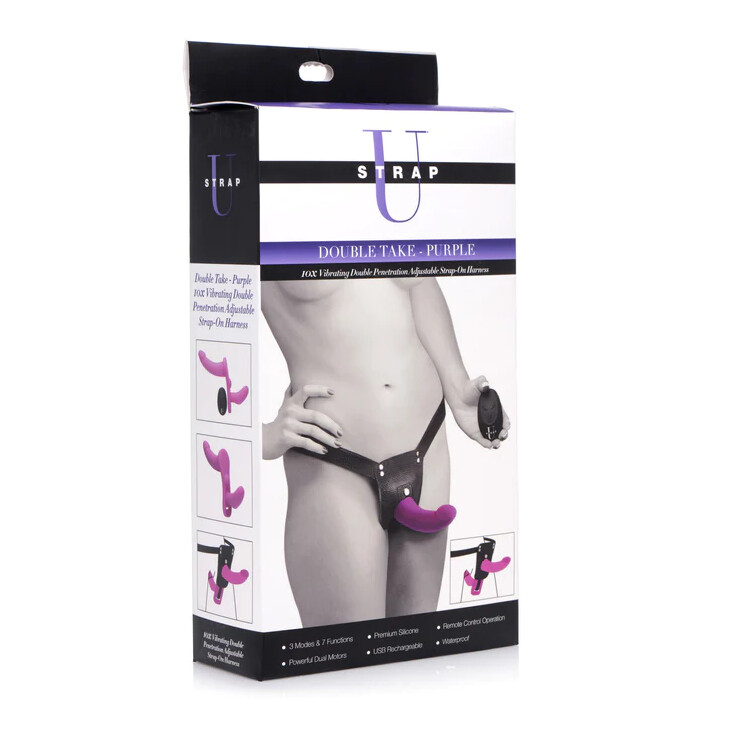 Strap U Double Take Double Penetration Rechargeable Silicone Vibrating Strap-on Harness