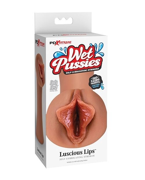 PDX Extreme Wet Pussies Luscious Lips Self Lubricating Stroker, Color: Caramel