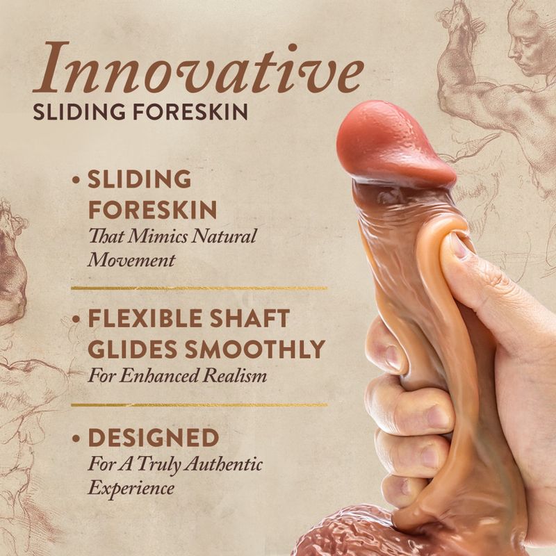 Renaissance Raphael 9.5" Silicone Sliding Foreskin Dildo with Squeezable Balls
