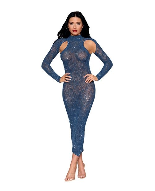 Twilight Blue Long-Sleeved Bodystocking Gown with Rhinestones