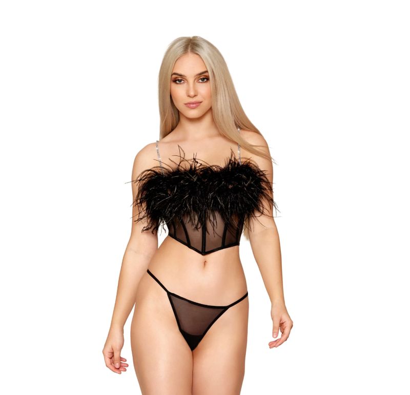 Stretch Mesh Bustier with Removable Feather Trim &amp; G-String Set
