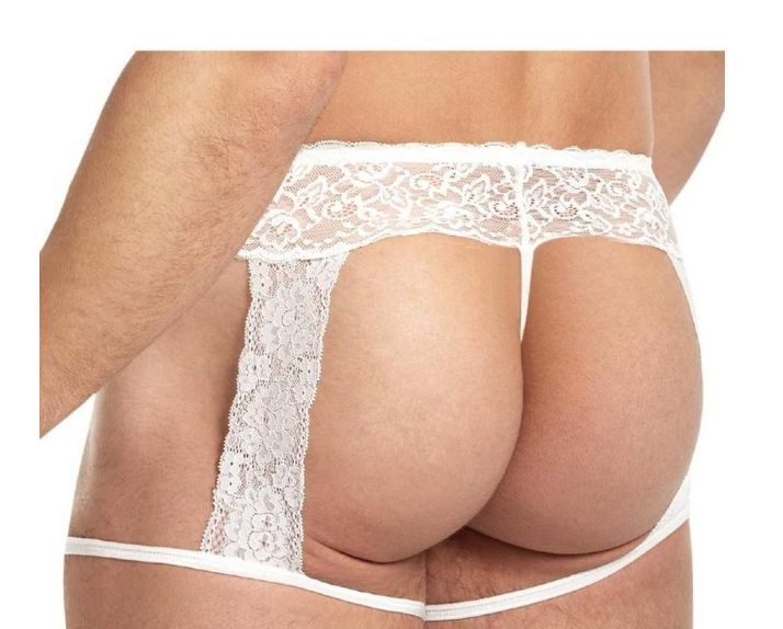 Lace King Men's White Lace and Mesh Garter Panty