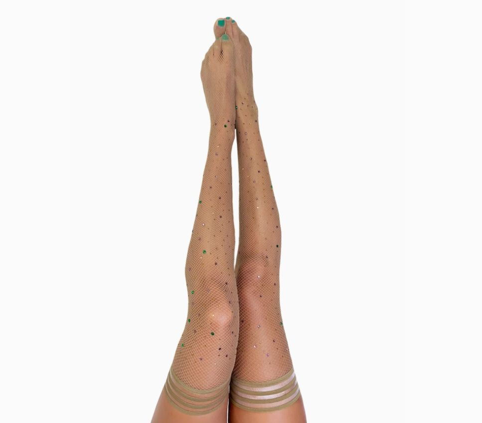 Kix&#39;ies Multi Color Rhinestone Fishnet Thigh Highs, Color: Nude, Size: A