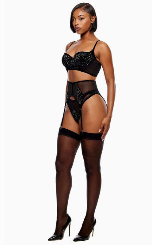 Caught Your Eye Velvet Rhinestone Longline Bra Lingerie Set