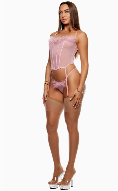 Bare It All Mesh Marabou Bustier Lingerie Set