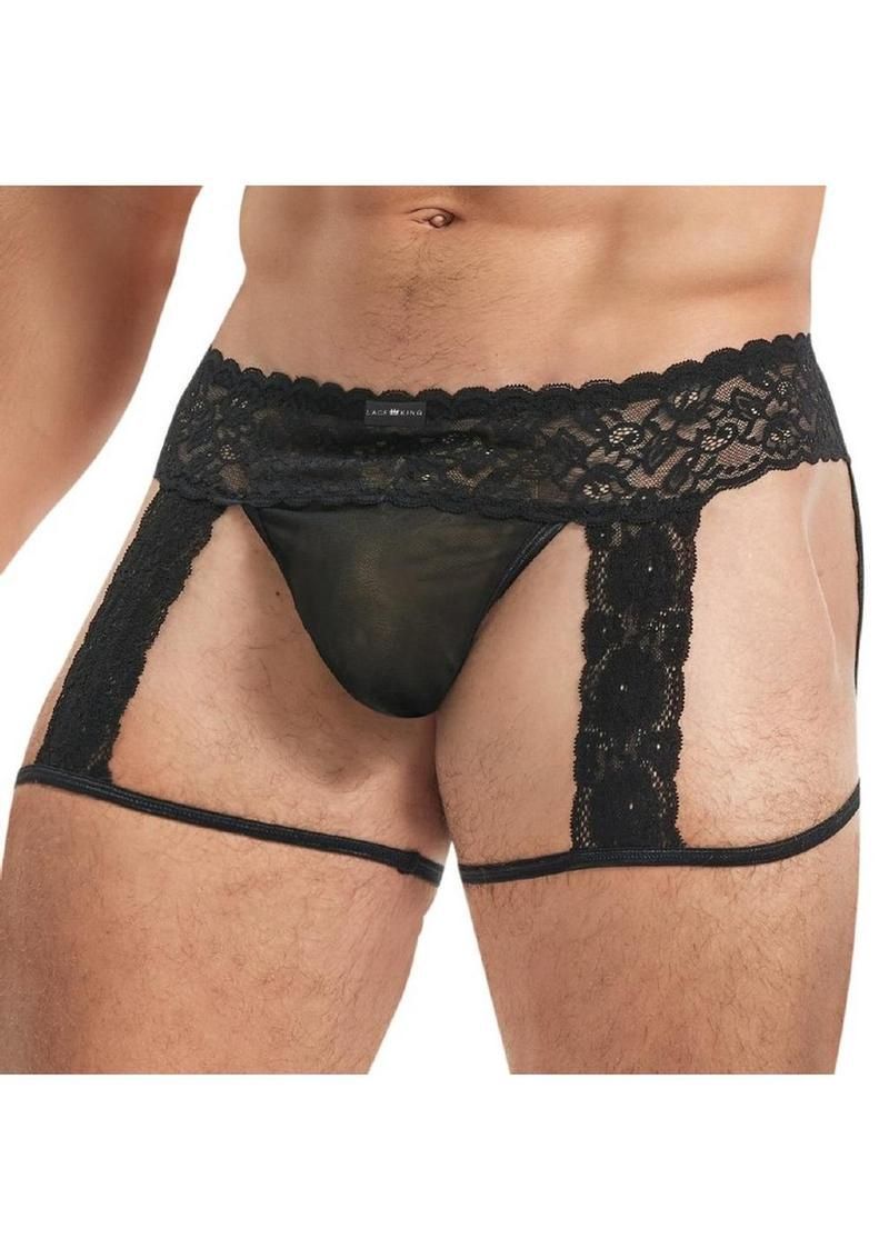 Lace King Men&#39;s Black Lace and Mesh Garter Panty