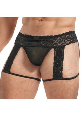 Lace King Men&#39;s Black Lace and Mesh Garter Panty