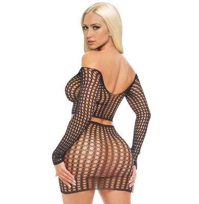 Long Sleeve Fishnet Crop Top &amp; Mini Skirt Set