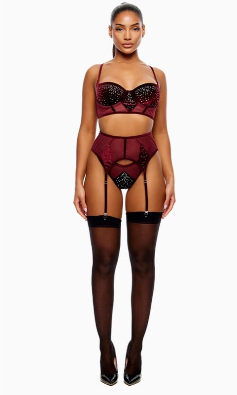 Caught Your Eye Wine Velvet Rhinestone Longline Bra Lingerie Set