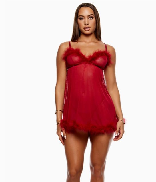 Bare It All Wine Mesh Marabou Babydoll Lingerie Set