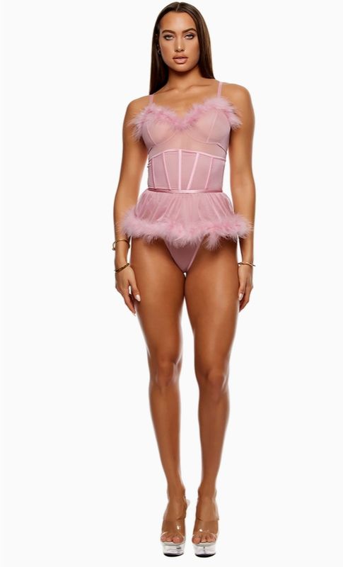 Bare It All Mauve Mesh Marabou Teddy Lingerie Set