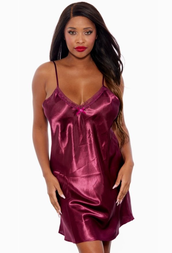 Midnight Satin Chemise, Color: Burgundy, Size: Small