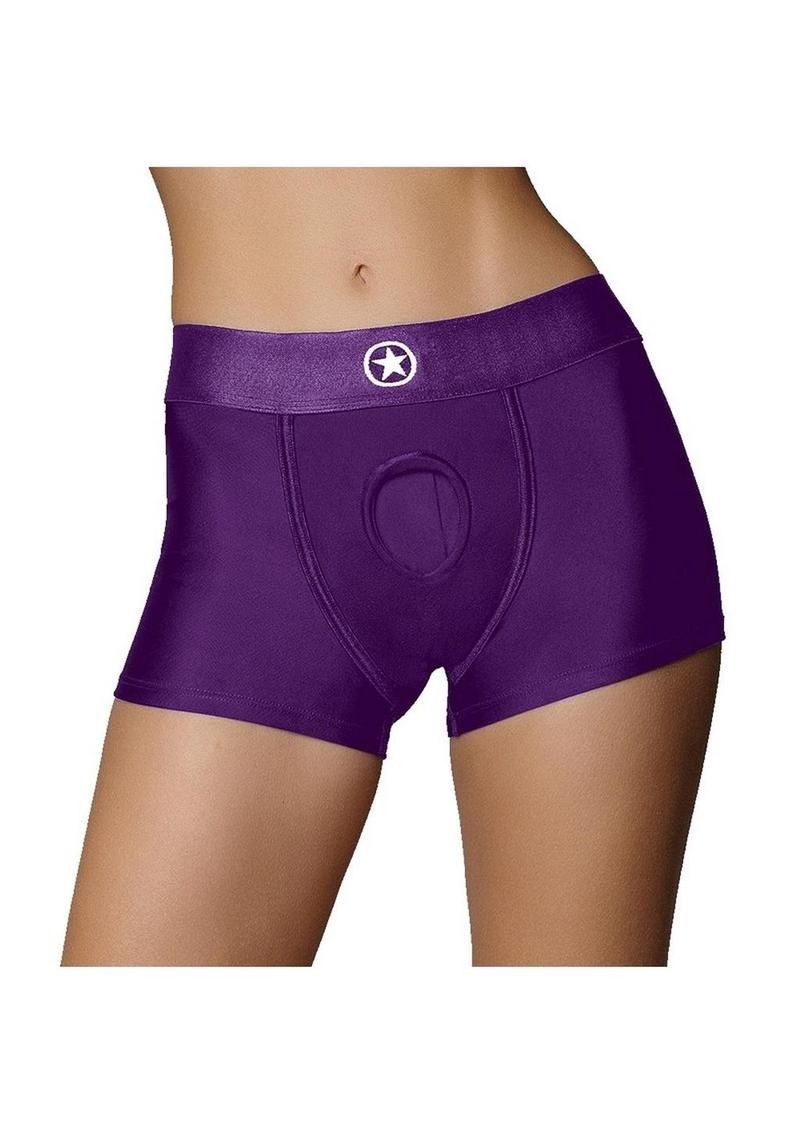 Rechargeable Vibrating Strap-On Boxers with Adjustable O-Ring - Purple
