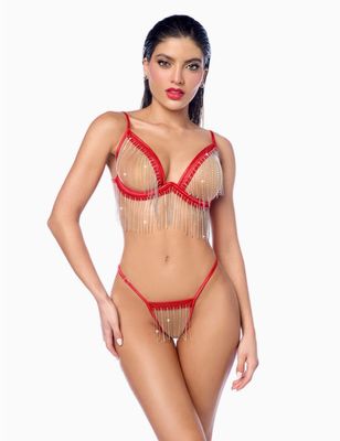 Dazzling Two Piece Rhinestone Fringe Set