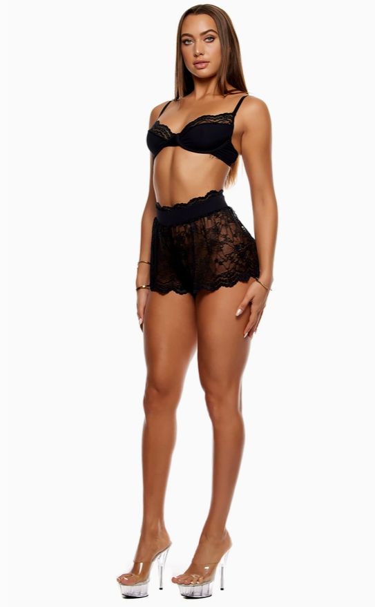 Self Care Ribbed Lace Bra and Shorts Set, Color: Black, Size: Small