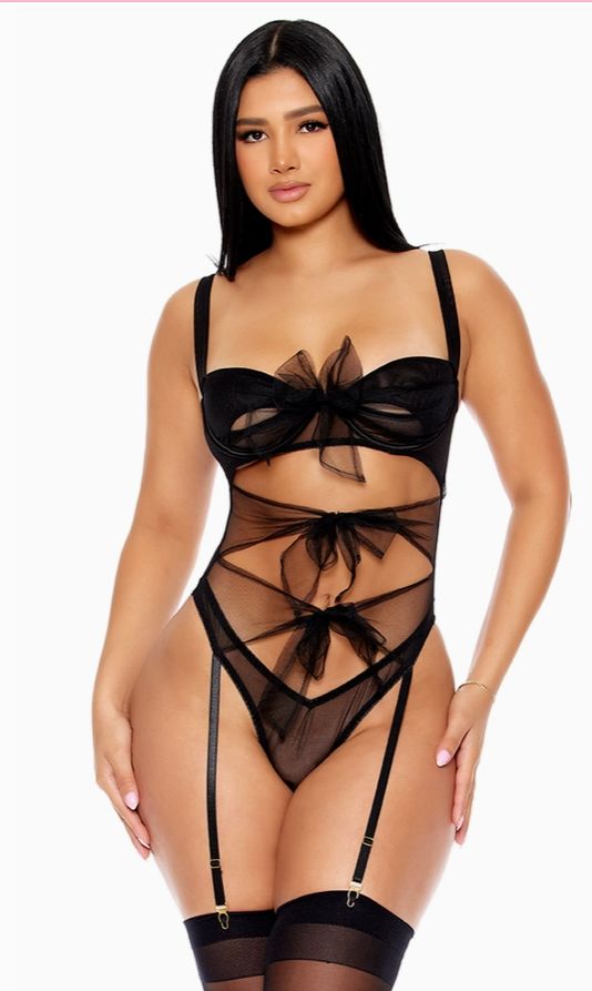 Unwrap Me Mesh Bow Cutout Teddy, Color: Black, Size: Small