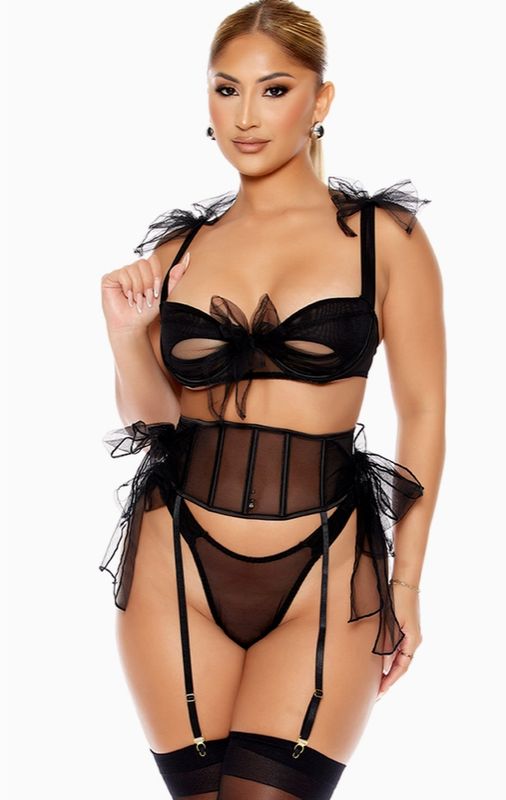 Unwrap Me Mesh Bow Detail Bra and Waist Cincher Set