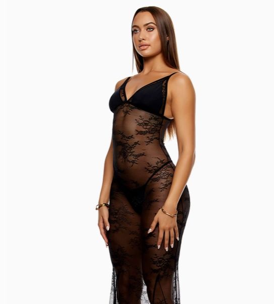 Take It Easy Lounge Lace Nightgown Lingerie Set, Color: Black, Size: Small