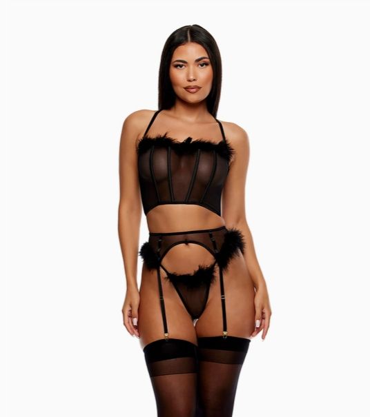 Bare It All Mesh Marabou Bra and Garter Belt Lingerie Set, Color: Black, Size: Small
