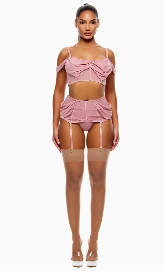 Princess Treatment Draped Mesh Bra and Garter Skirt Lingerie Set, Color: Mauve, Size: Small