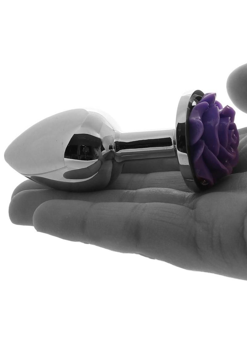 Rear Assets Silver Anal Plug with Purple Rose, Size: Small