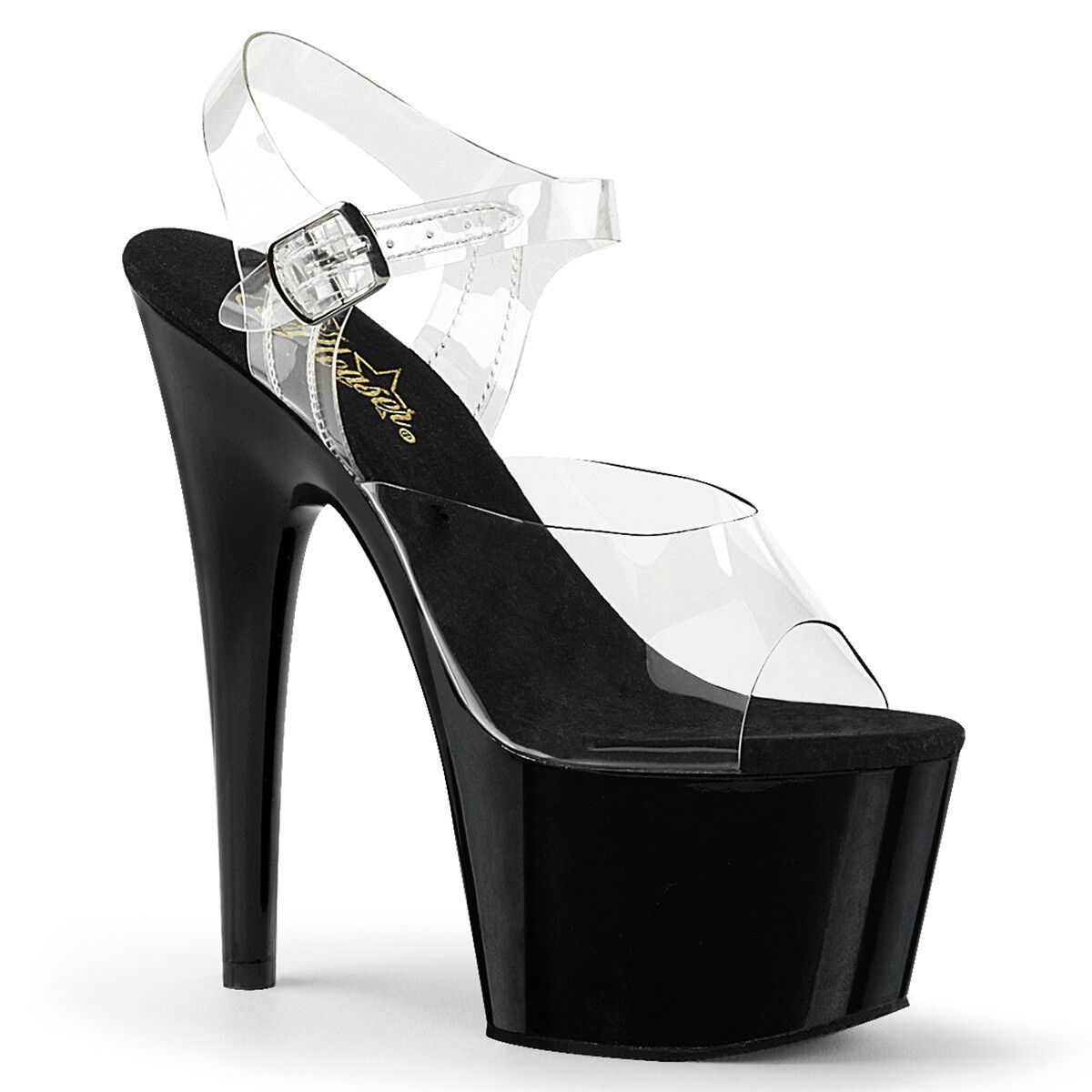 Adore 7" Black Sandal with Clear Straps, Size: 6