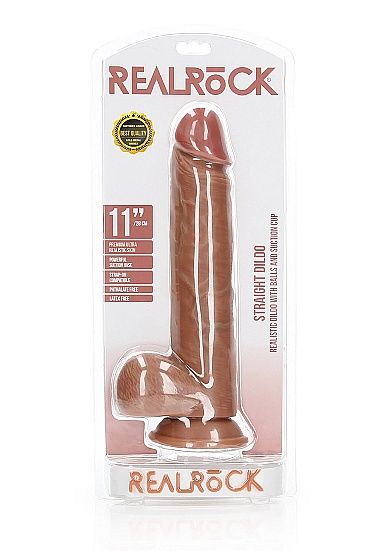 RealRock 11" Straight Realistic Dildo with Balls and Suction Cup, Color: Caramel