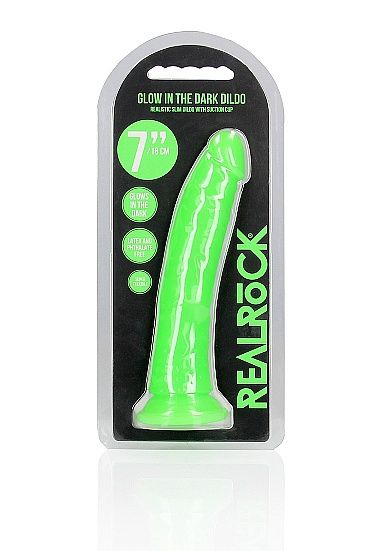 RealRock Slim Glow in the Dark 7" Dildo with Suction Cup, Color: Green