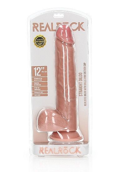 RealRock Straight 12" Realistic Dildo with Balls and Suction Cup, Color: Vanilla