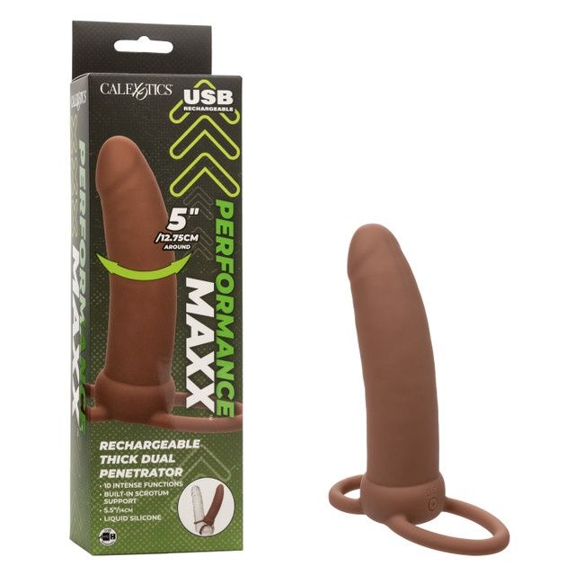 Performance Maxx Rechargeable Silicone Thick Dual Penetrator Extender, Color: Chocolate