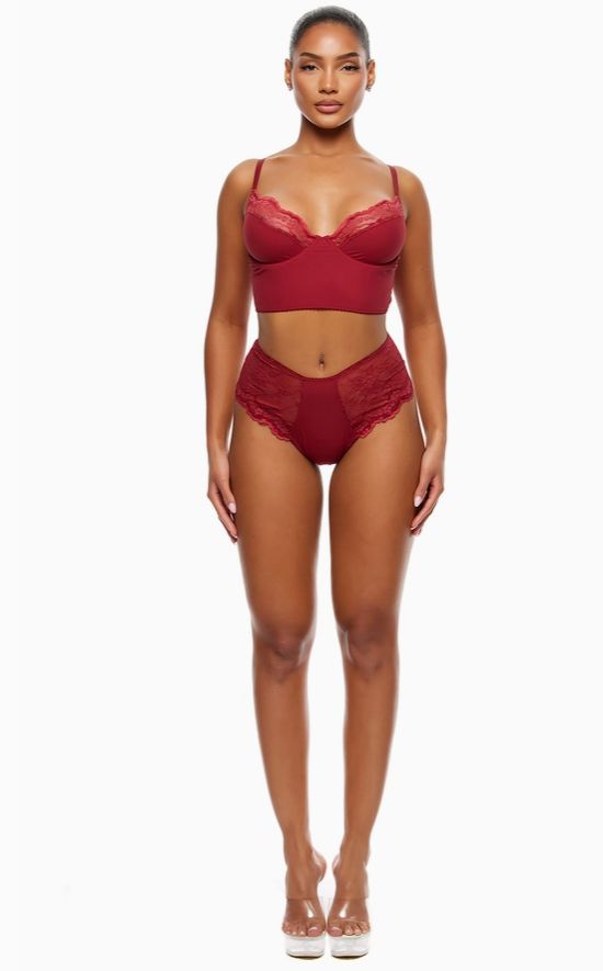 Self Care Ribbed Lace Longline Bra Lingerie Set, Color: Wine, Size: Small