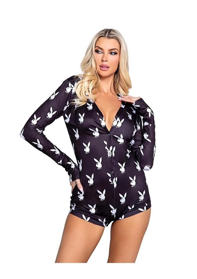 Playboy Slumber Bunny Romper, Color: Black, Size: S/M