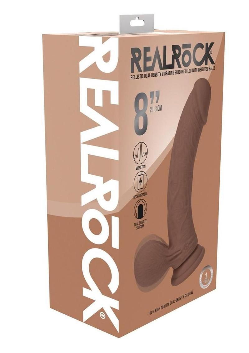 RealRock 8" Rechargeable Dual Layered Vibrating Dildo with Weighted Balls, Color: Caramel