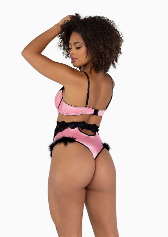 Embroidery &amp; Satin Fur Bralette Set