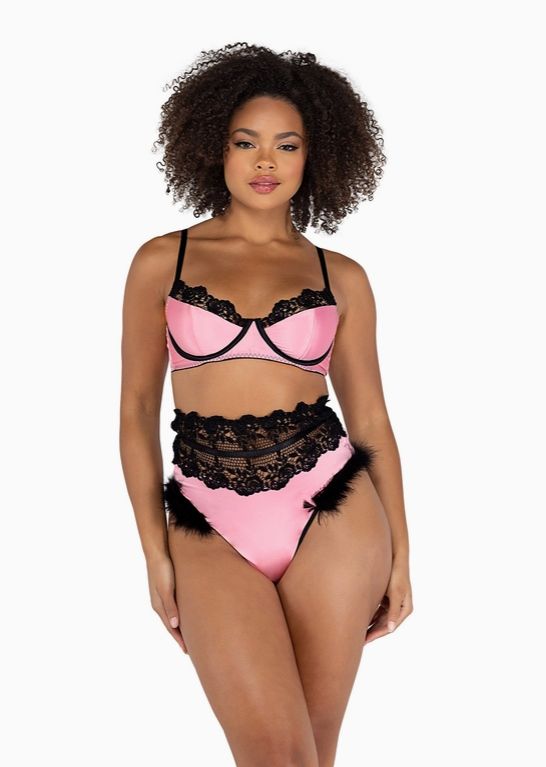 Embroidery &amp; Satin Fur Bralette Set