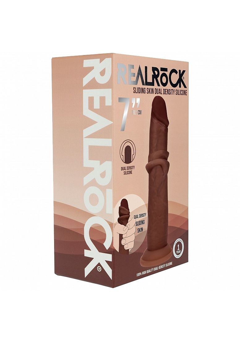 Realrock 7" Dual Layered Realistic Sliding Skin Dildo, Color: Chocolate