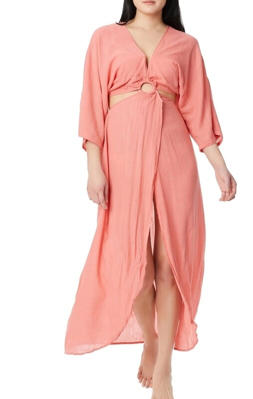 V-Neck three quarter sleev draped skirt swimwear cover