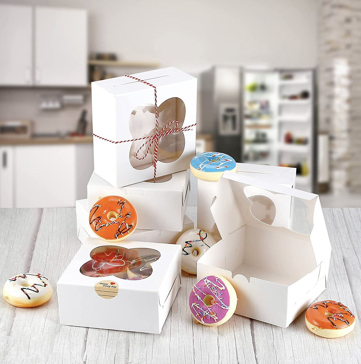 4 Hole PVC Window Bakery Cup Cake Box With Bow String &amp; Greeting Sticker for Wedding Christmas party favours, gift, all occasion