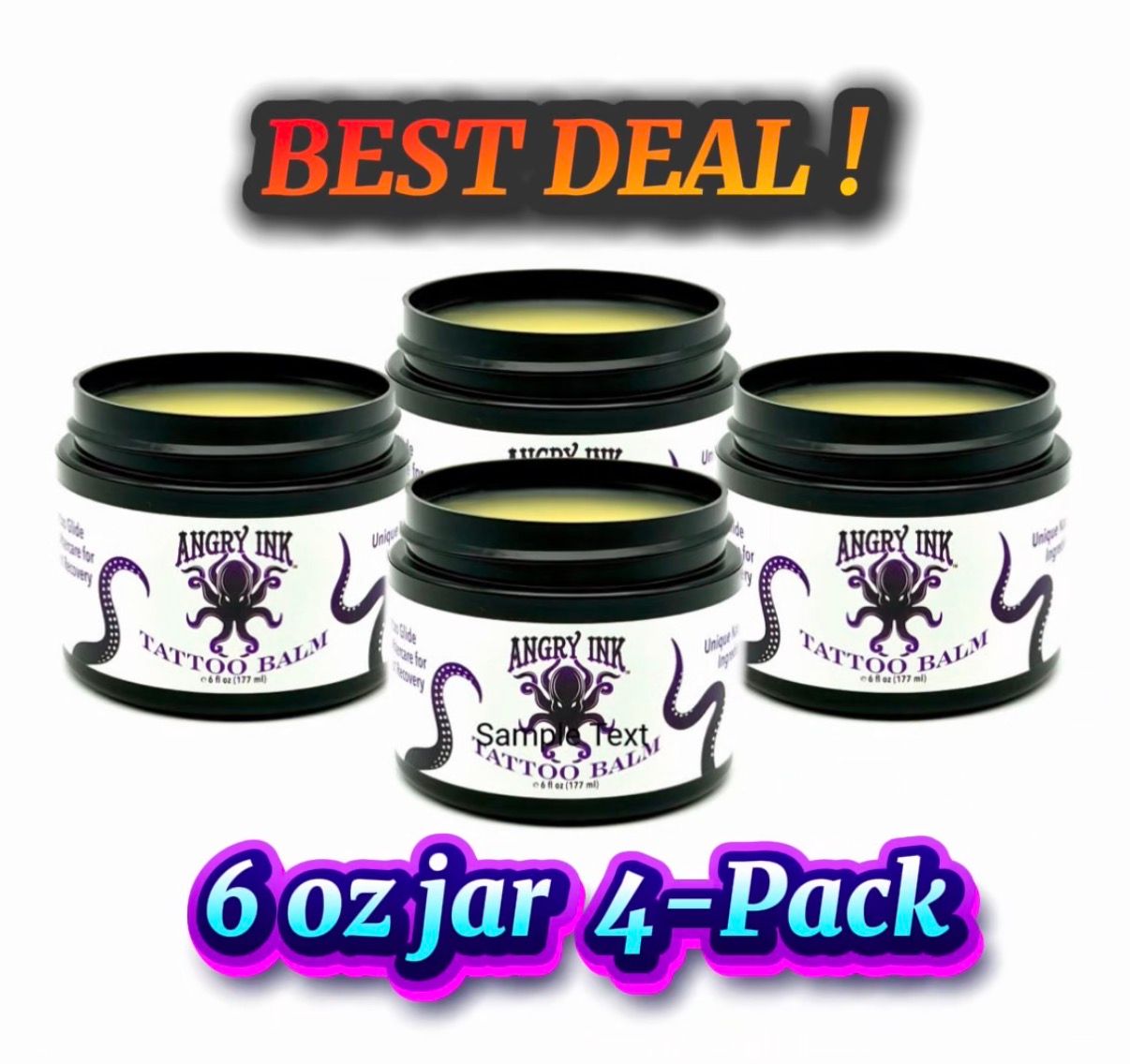 4-PACK 6 oz Jar Angry Ink Tattoo Balm, ($25/jar)  (Retail value $200)