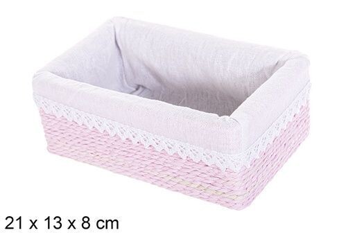Cesta MDF cuerda papel forrada con encaje color rosa 21x13x8cm