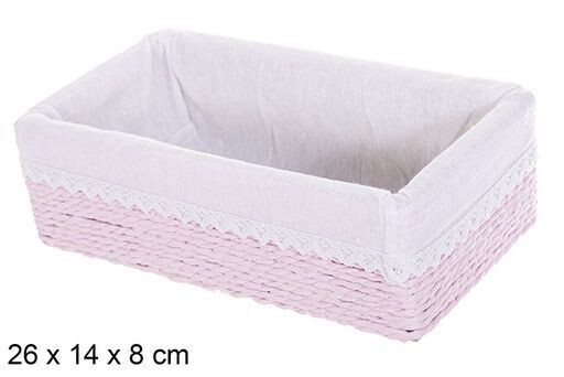 Cesta MDF cuerda papel forrada con encaje rosa 26x14x8cm